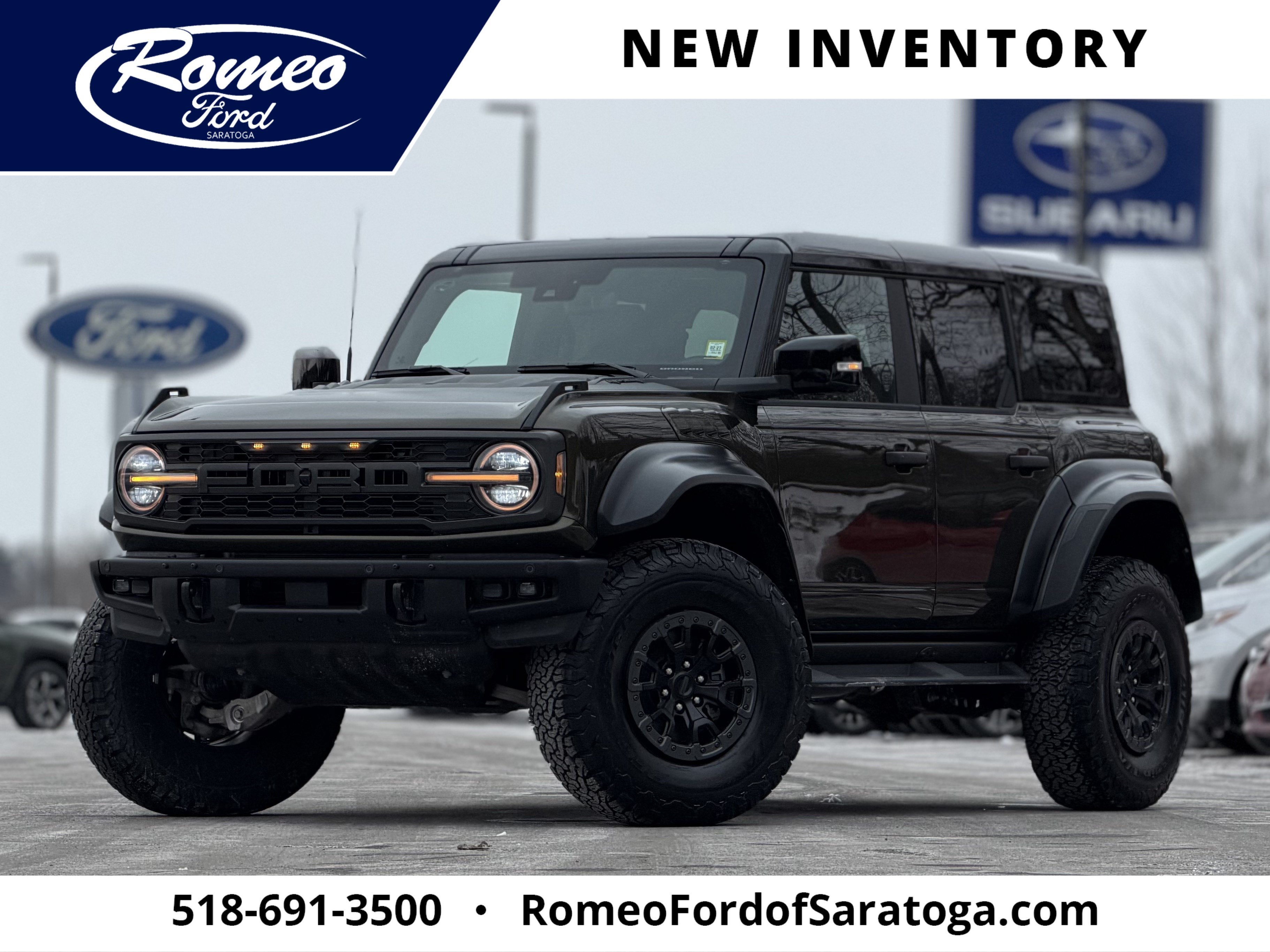 2025 Ford Bronco Raptor in Green — front three-quarter view